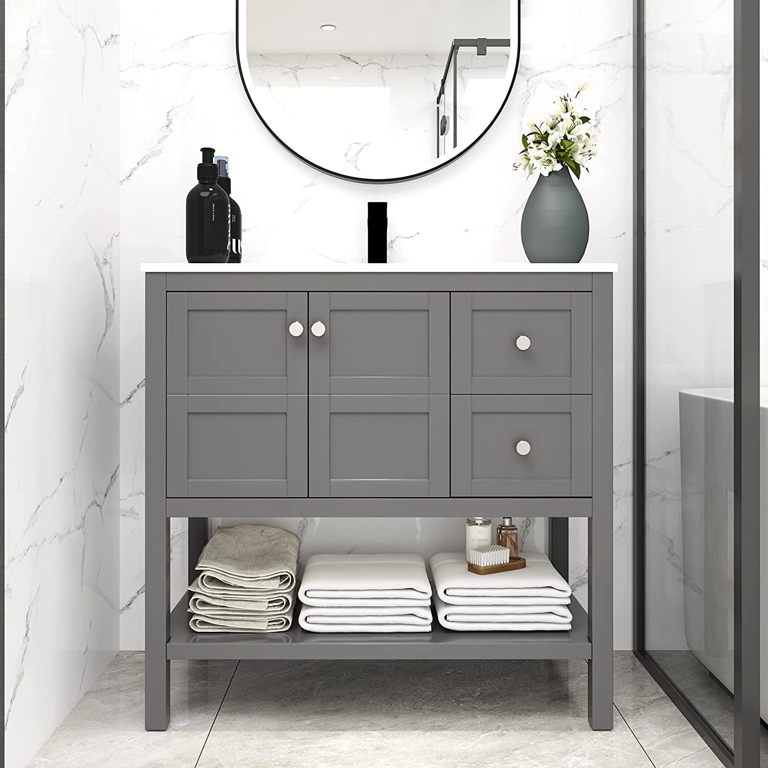 Freestanding Bathroom Vanity 36x18 Inch Soft Close Drawers Doors