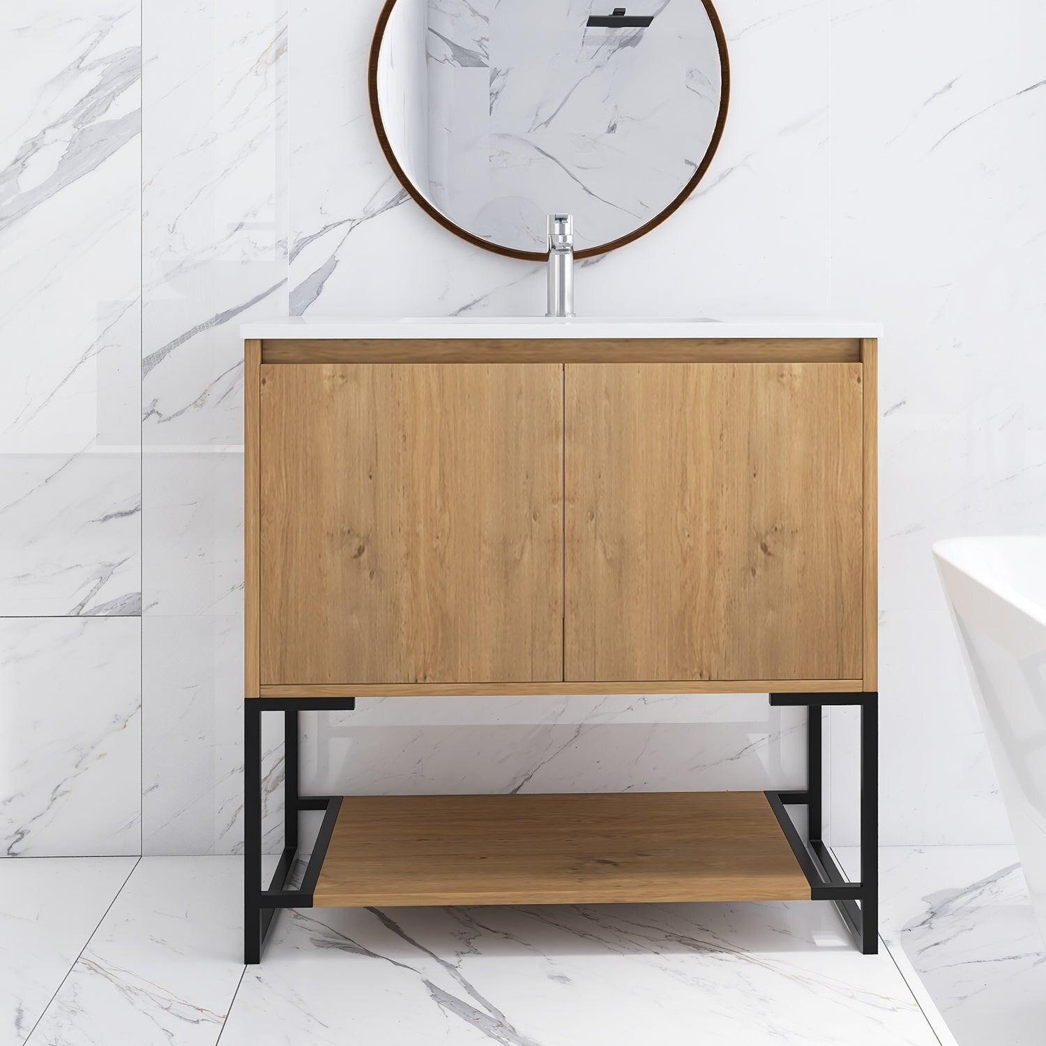 Freestanding Bathroom Vanity Set in Oak with Integrated Solid Surface