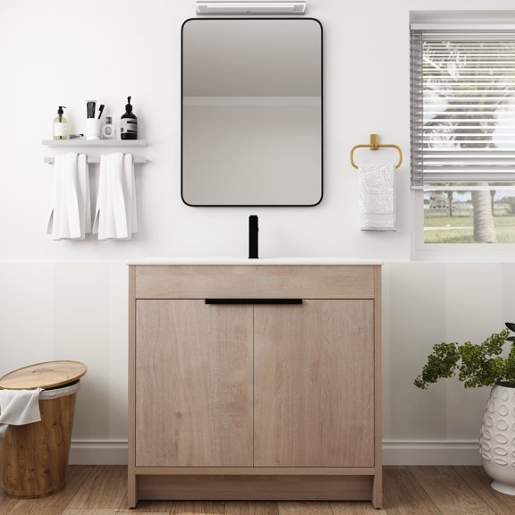 Freestanding Bathroom Vanity with White Ceramic Sink | Integral Design for Simple Bathroom Setup | Eco - Friendly Plywood Construction | Smooth Sink Surface for Easy Stain Removal