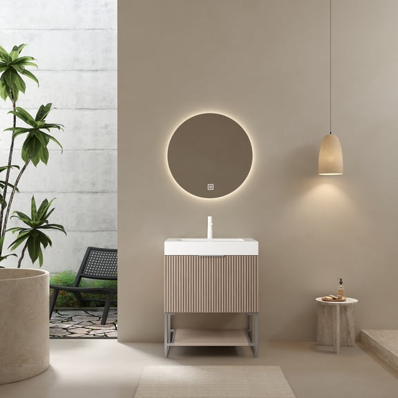 Freestanding Bathroom Vanity with Sink and Striped Storage Cabinet - White Rectangular Acrylic Integrated Basin without Faucet