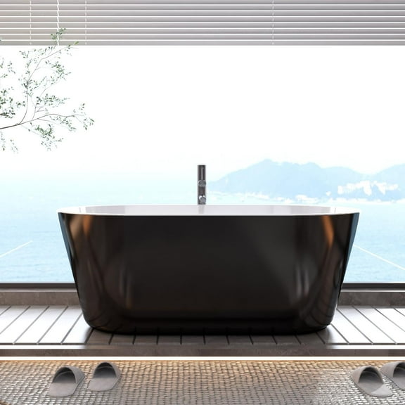 Freestanding Bathtub,Acrylic Soaking Bathtub with Chrome Overflow Cap,No Drain Included,Stand Alone Tub,Contemporary Oval Bathroom Tub