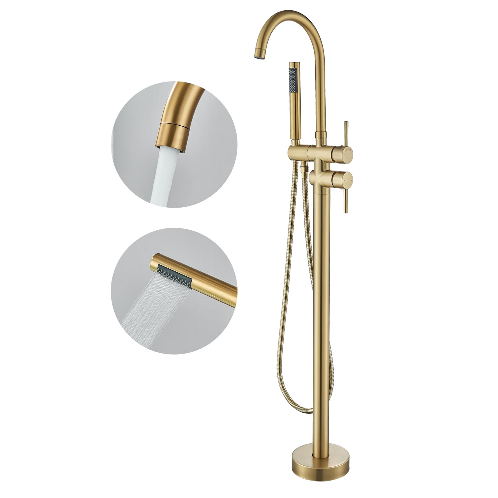 Freestanding Bathtub Faucet Brushed Gold High Arc Floor Mounted Solid Brass