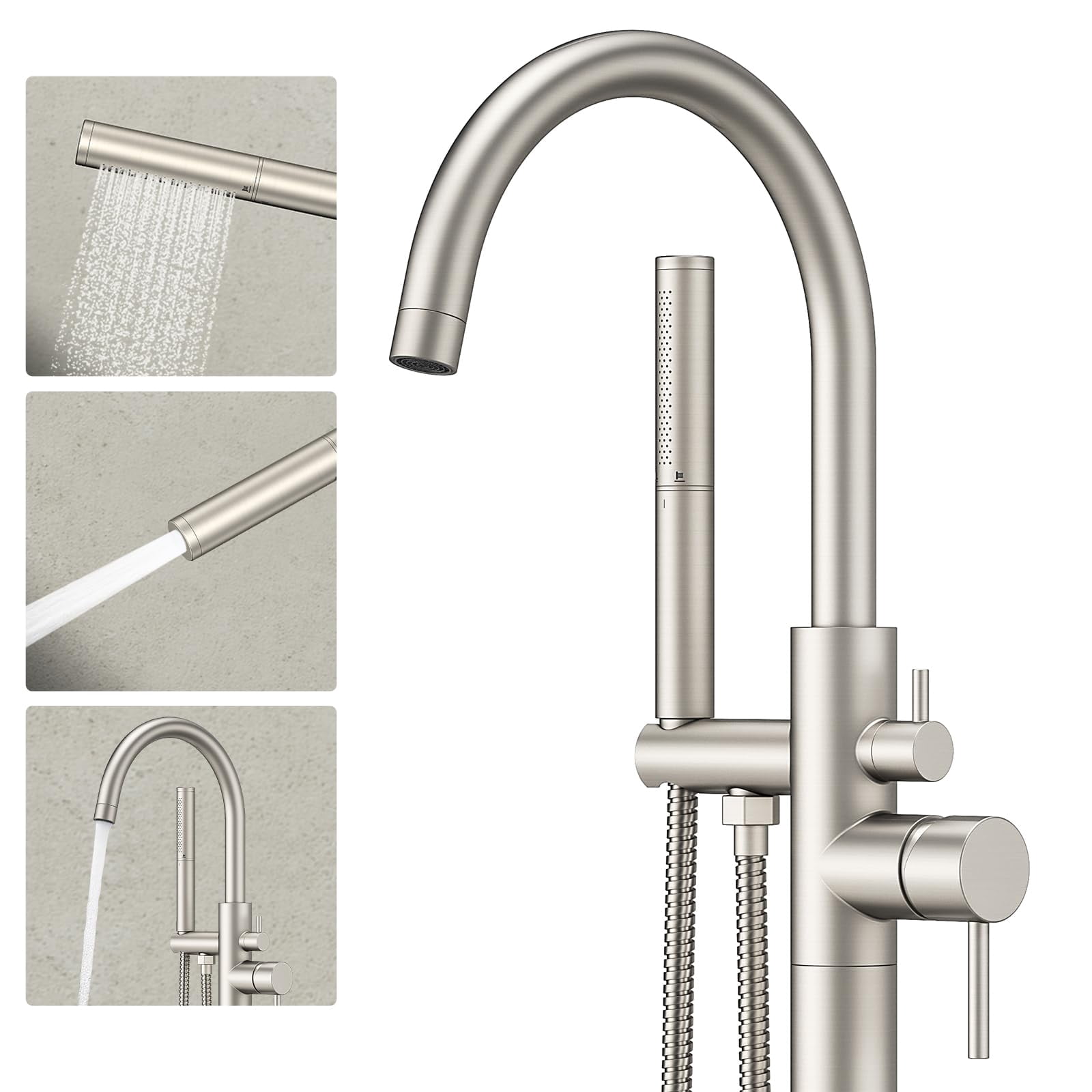 Freestanding Bathtub Faucet Brushed Nickel Floor Mount Metal Bathroom Gooseneck Spout with 2 Function Hand Shower