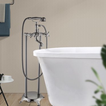 Cinwiny Freestanding Floor Mount Tub Filler Faucet With Hand Shower – Telephone Style – Black/Brushed Nickel/Chrome