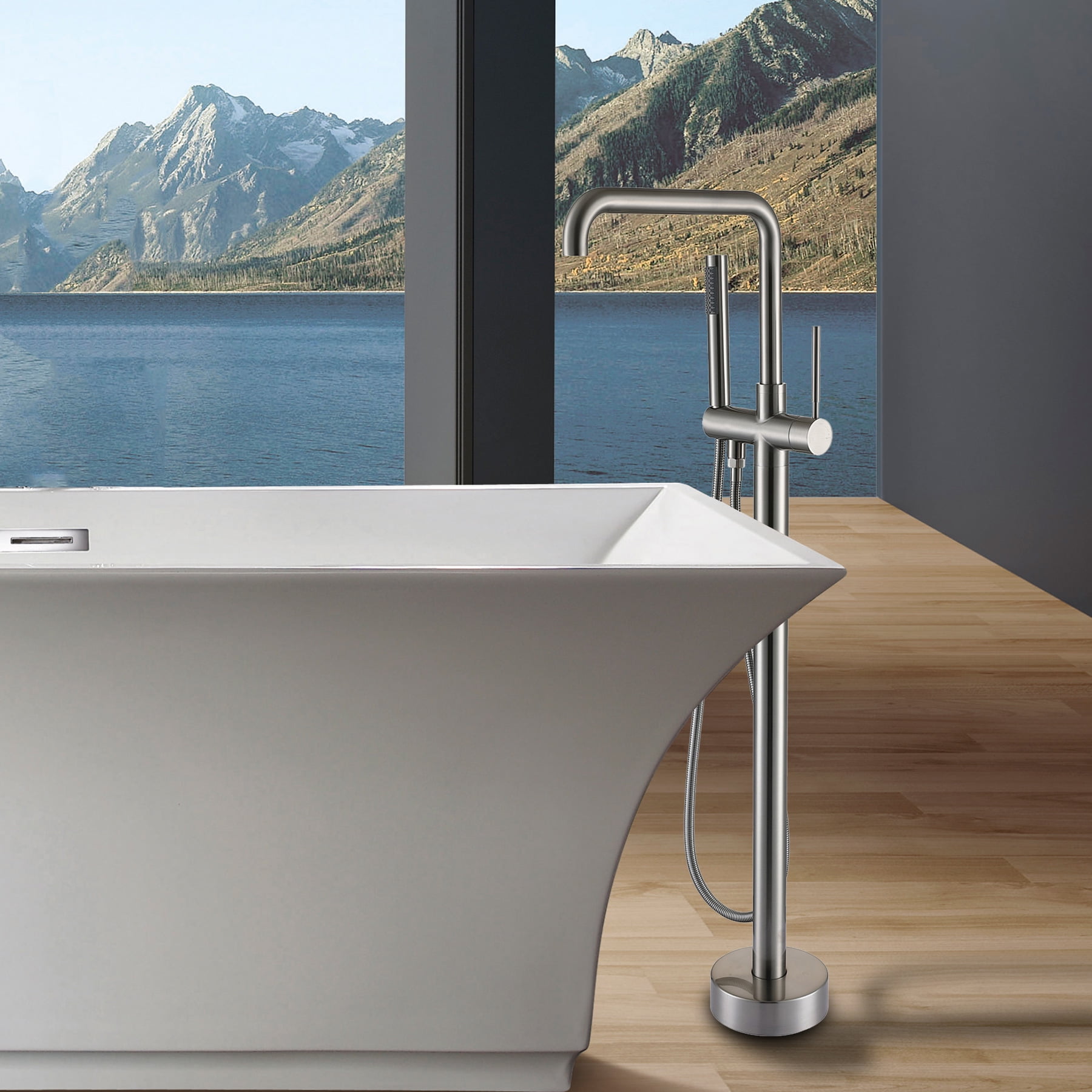 Freestanding Bathtub Faucet, Floor Mount Bathtub Faucet with 2 Water Outlet Modes, Sivwel Gooseneck Spout with Hand Shower,Stainless steel Single Handle Tub Filler Freestanding Bathtub Faucet, r