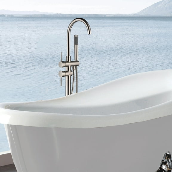 Freestanding Bathtub Faucet Floor Mount Tub Filler Single Handle Stainless Steel Standing Bathtub Tap with Handheld Spray Swivel Right Angle Spout Brushed Nickel