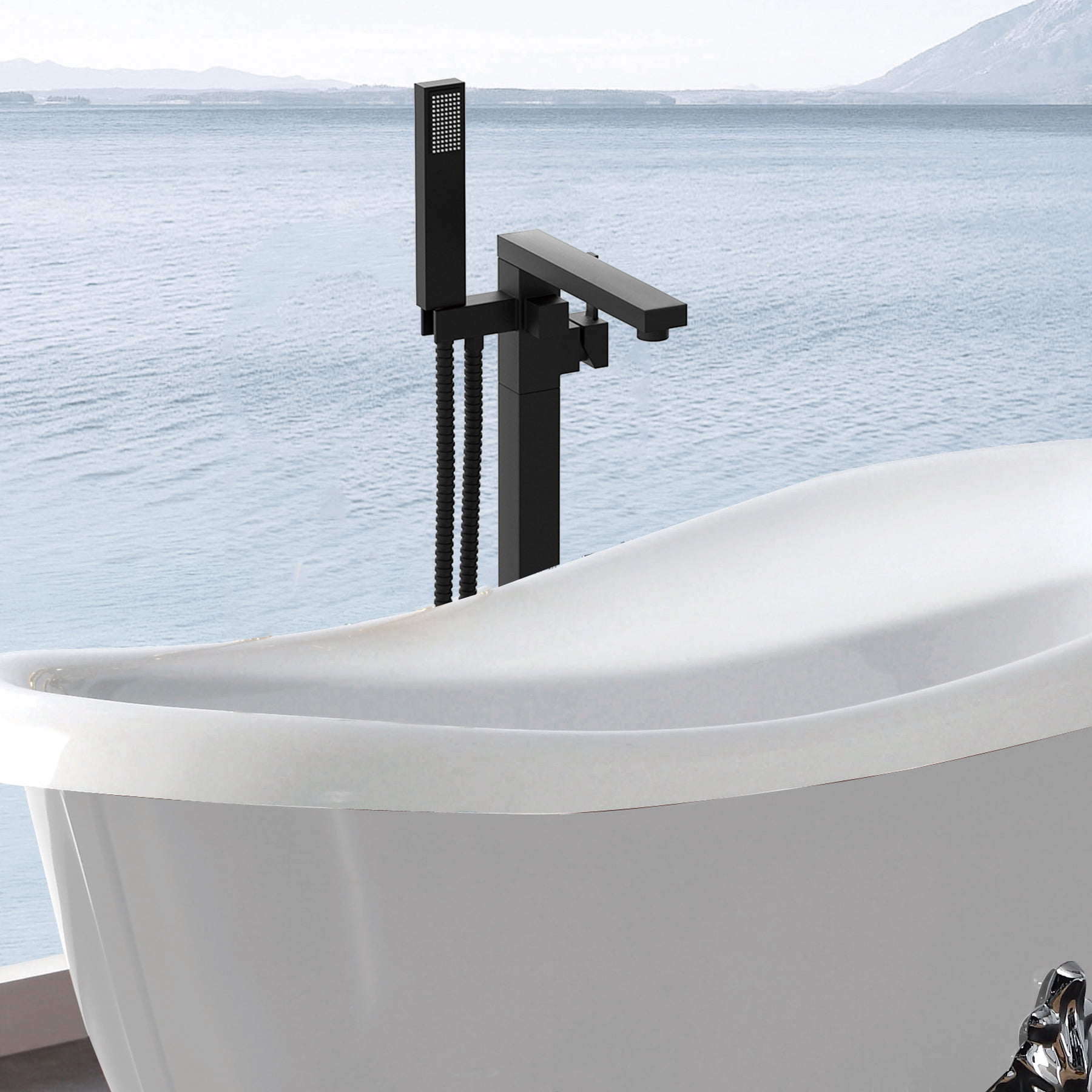 Freestanding Bathtub Faucet Floor Mount Tub Filler Single Handle Stainless Steel  Standing Bathtub Tap with Handheld Spray Swivel Right Angle Spout Brushed Nickel