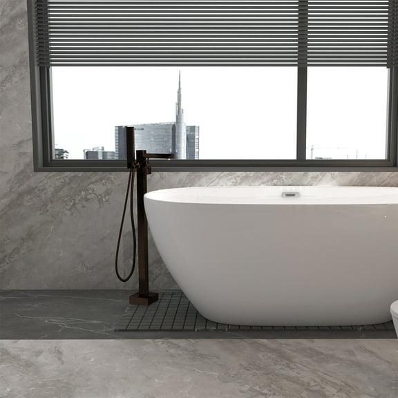 Freestanding Bathtub Faucet Floor Mount Tub Filler Single Handle Stainless Steel Standing Bathtub Tap with Handheld Spray Swivel Right Angle Spout Brushed Nickel