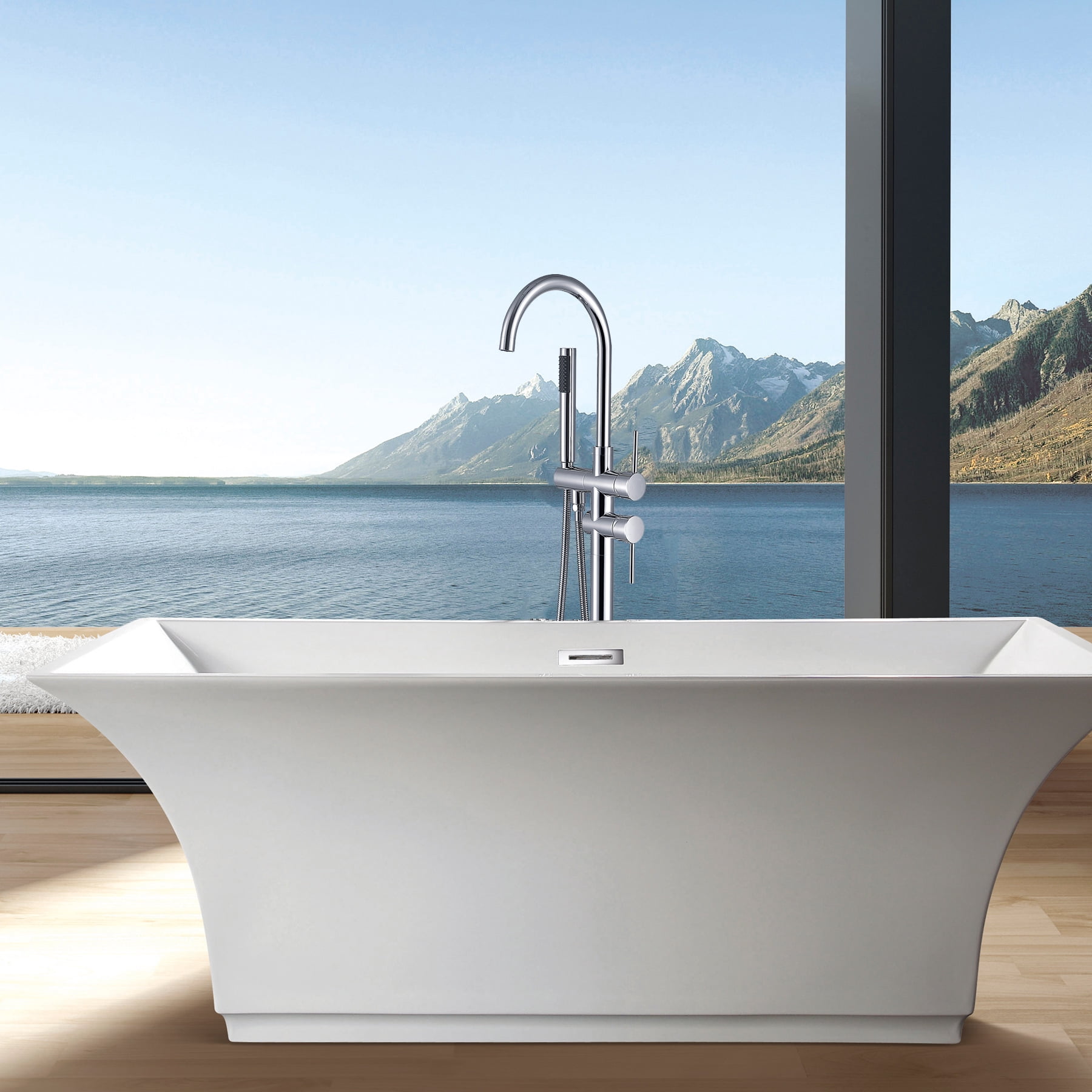 Freestanding Bathtub Faucet Floor Mount Tub Filler Single Handle Stainless Steel  Standing Bathtub Tap with Handheld Spray Swivel Right Angle Spout Brushed Nickel