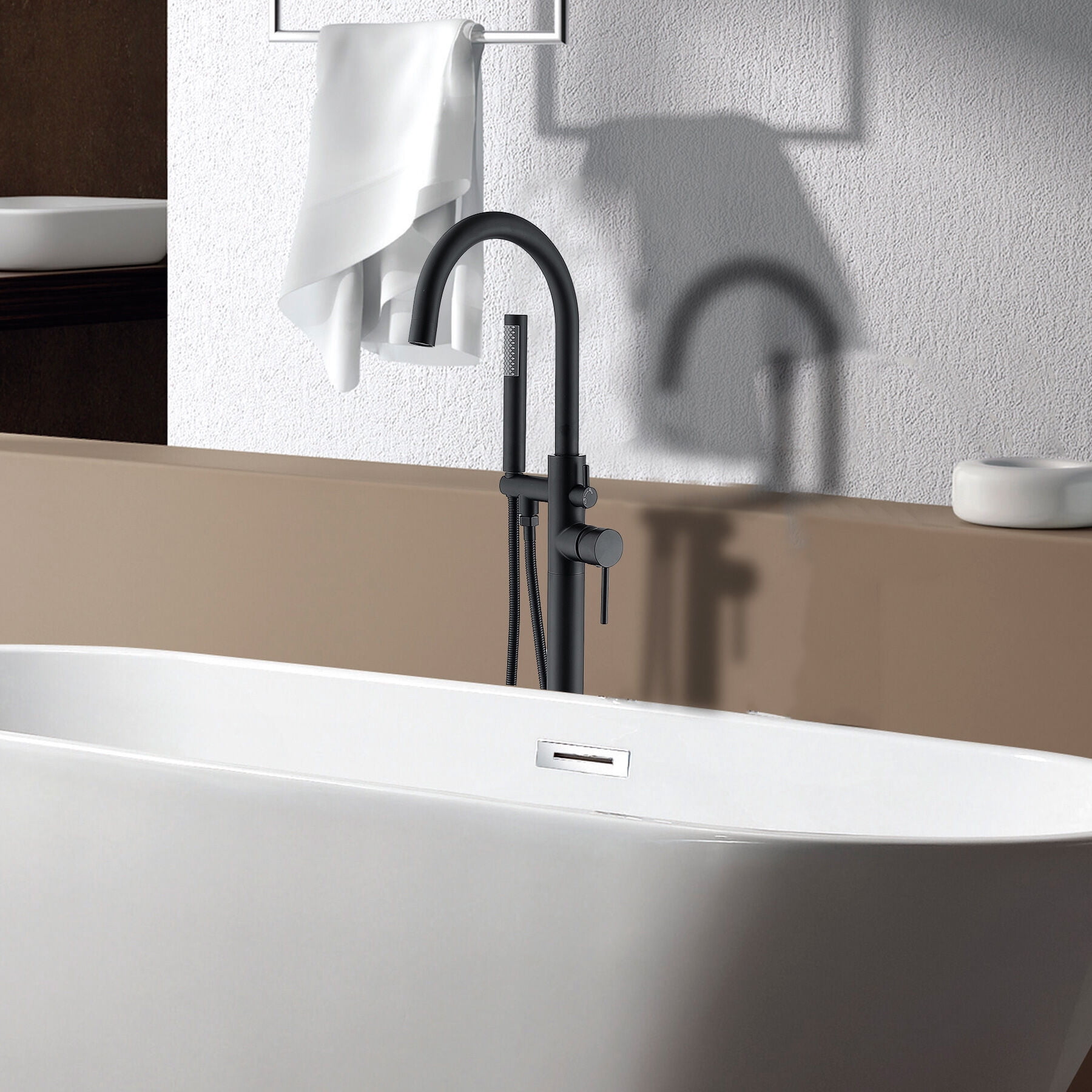 Freestanding Bathtub Faucet, Freestanding Bathtub Faucet with Hand Shower, Matte Black Freestanding Tub Filler,Metal Standalone Tub Faucet, Bath & Faucets Freestanding Tub Faucets