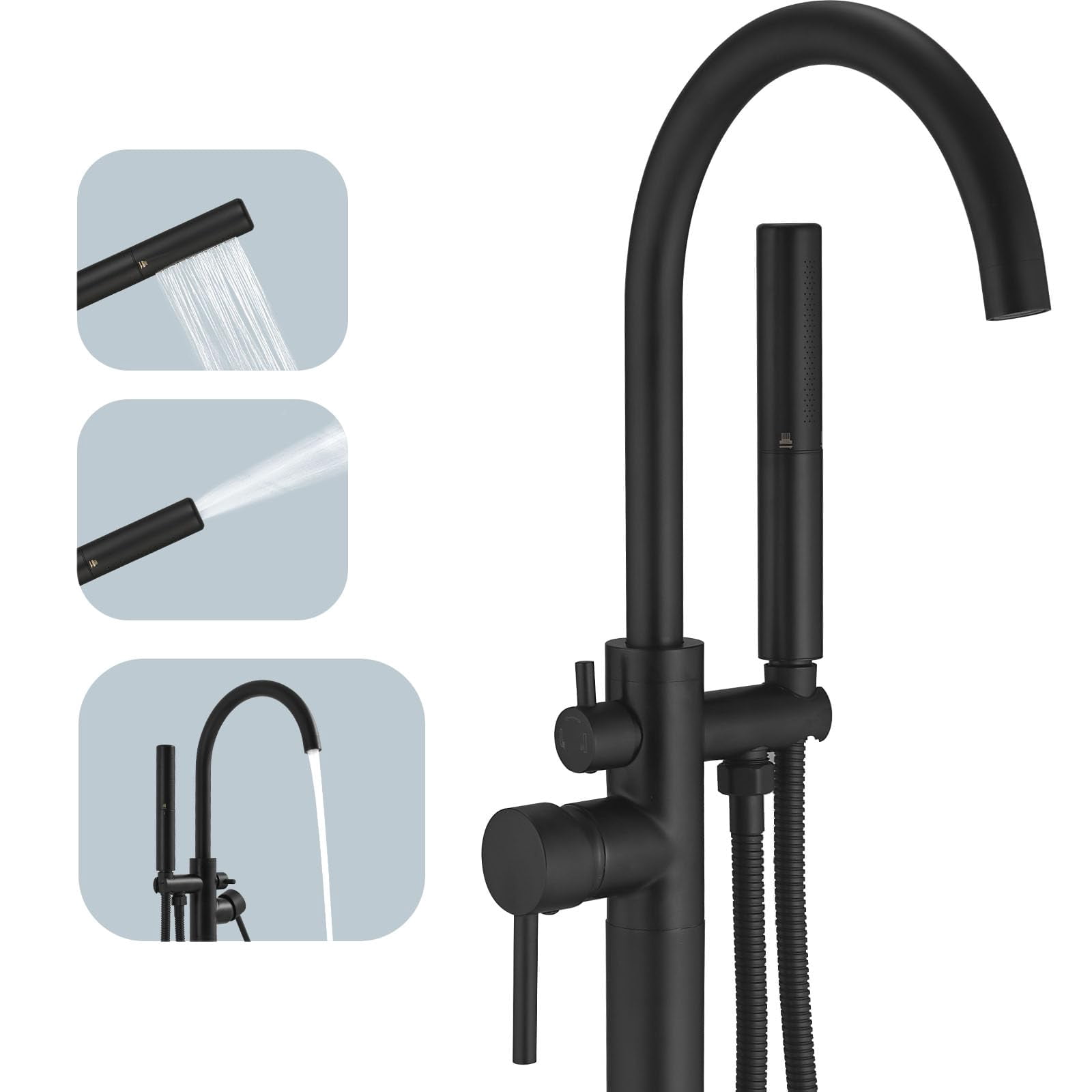Freestanding Bathtub Faucet Matte Black Brass Floor Mount with 2-Function Hand Shower