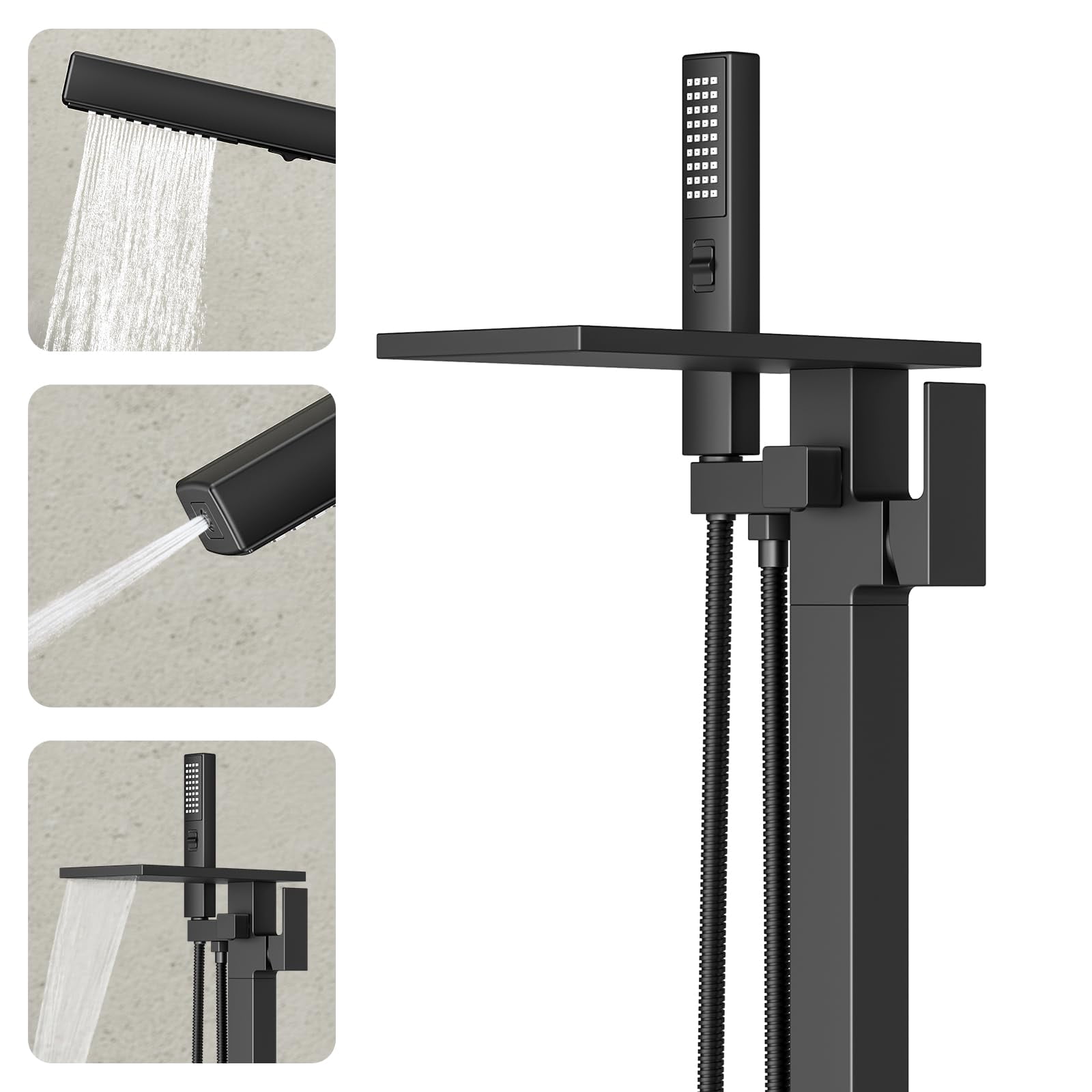 Freestanding Bathtub Faucet Matte Black Floor Mount Tub Filler With Handheld Sprayer