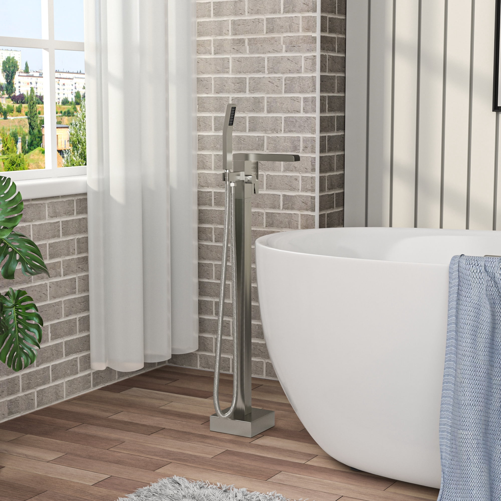 Freestanding Bathtub Faucet Waterfall Tub Filler Brushed Nickel Floor Mount Brass Bathroom Faucets with Hand Shower