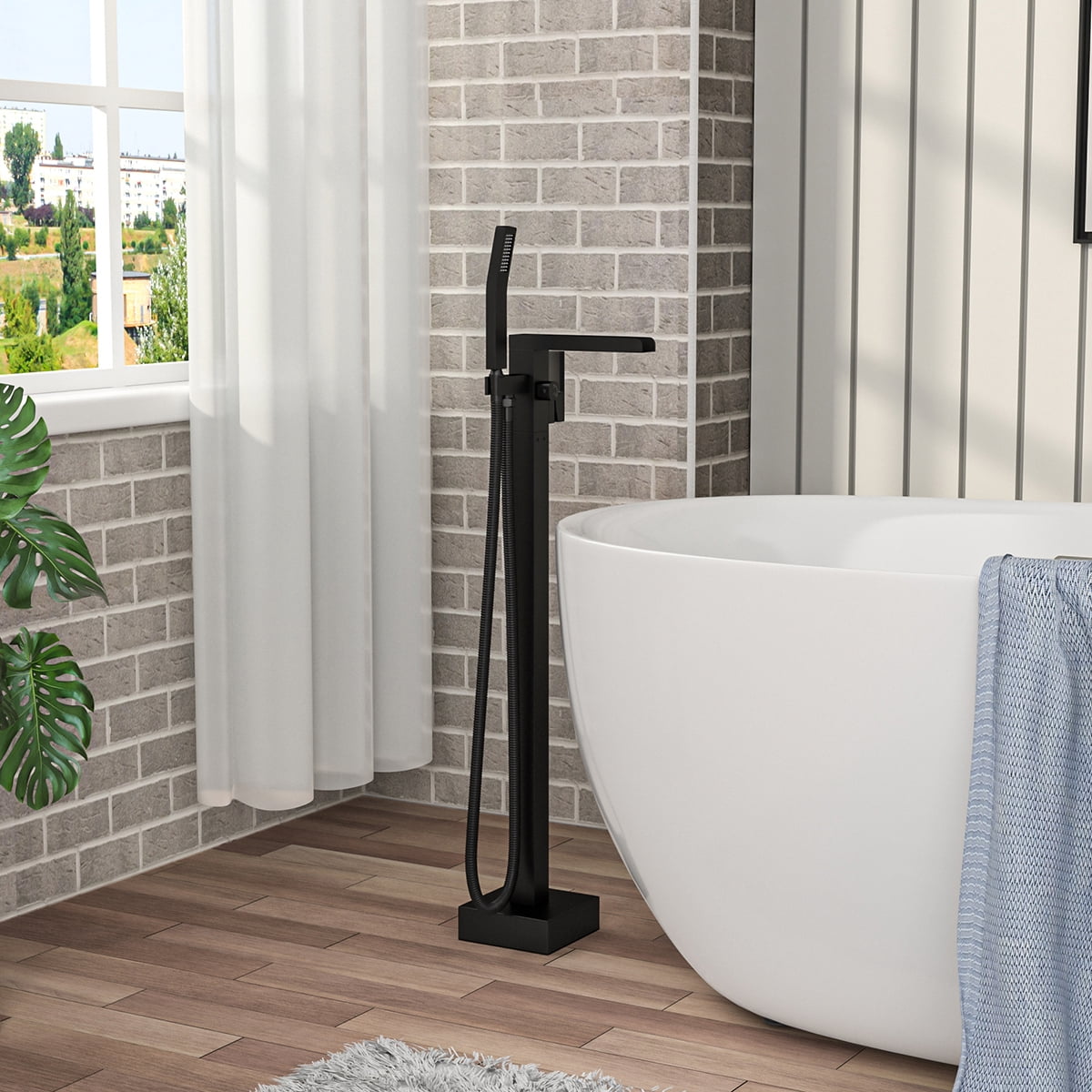 Freestanding Bathtub Faucet Waterfall Tub Filler Matte Black Floor Mount Brass Bathroom Faucets with Hand Shower