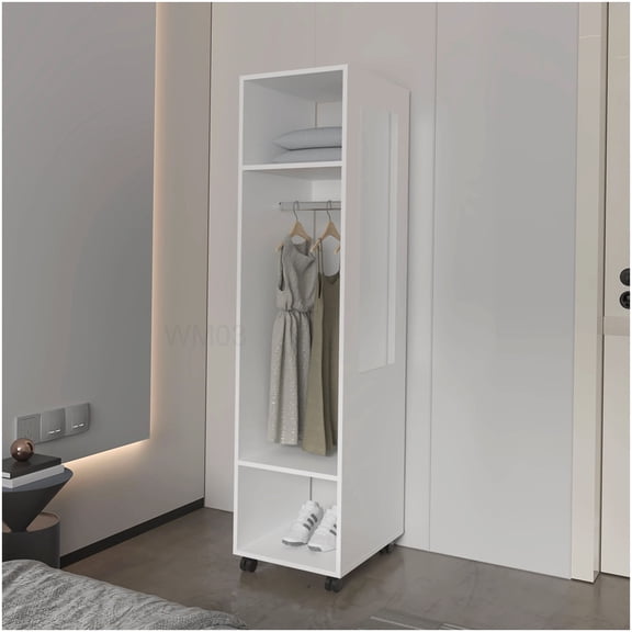 Freestanding Bedroom Armoire with Mirror, 3-Shelf White Wardrobe on Wheels