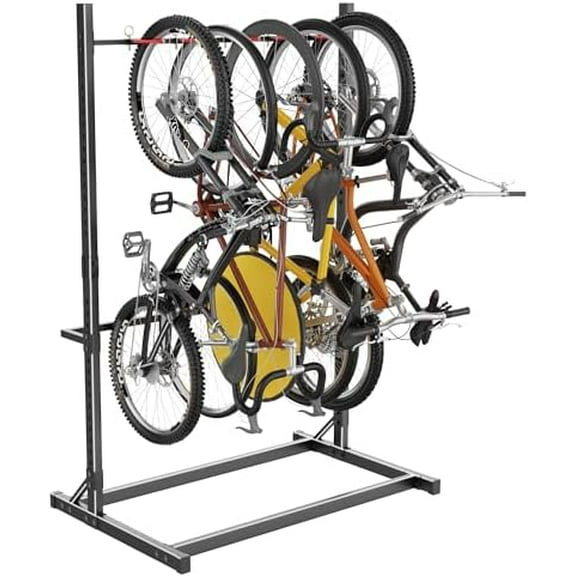 Freestanding Bike Rack, Vertical Bike Stand for Garage Storage, Heavy Duty 5-Bike Floor Rack with Adjustable Height & Hooks, Space Saving Bike Organizer for Garage, Stable Bike Storage Rack