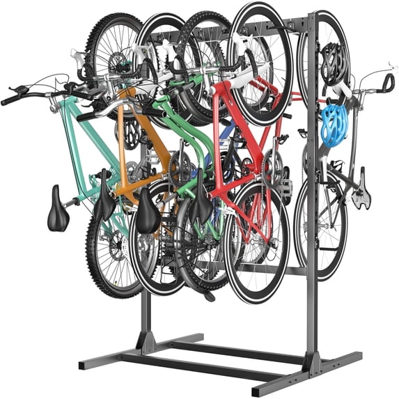 Freestanding Bike Storage Stand for Garage, Heavy Duty 7 Bikes and Helmets Vertical Floor Rack