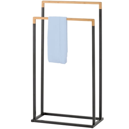 Freestanding Black Metal Towel Rack with 2 Tier Brown Bamboo Wood Cloth Bars, MyGift 33 inch Modern Organizer