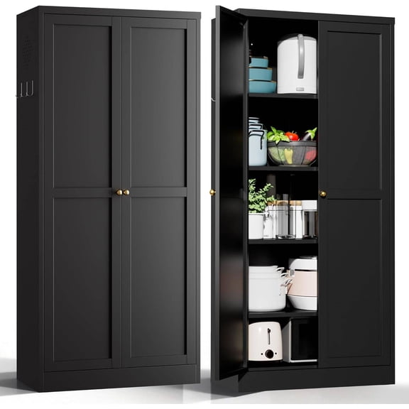 Freestanding Black Pantry Storage Cabinet with 4 Adjustable Shelves and 2 Doors, 61" Tall Metal Cupboard for Kitchen or Living Room