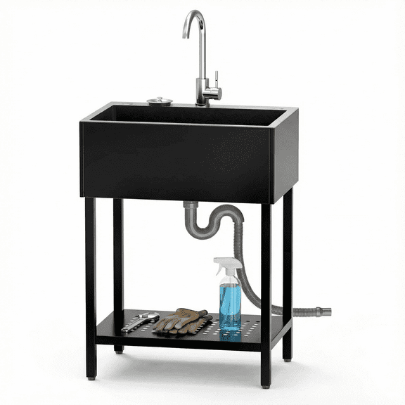 Freestanding Black Utility Sink for Garage, Heavy-Duty Stainless Steel Work Sink, Deep Basin for Workshop, Laundry, Pet Washing & Cleanup