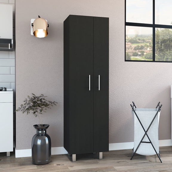 Freestanding Cabinet For Cleaning, Double Door, Four Legs, Five Shelves - Kitchen Utility Black / White Cleaning With Shelves, Legs Fine