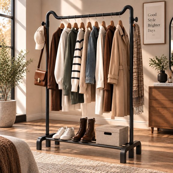 Freestanding Carbon Steel Garment Rack with Double Side Hooks, 2 Bottom Storage Bars, and U-Shaped Base, Heavy Duty Clothes Organizer for Bedroom and Laundry Room