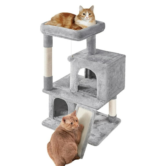 Cat Tree for Indoor Cats, 42in Cat Tower Condo with Oversized Plush Perch, Sisal-Covered Scratching Posts & Ramp, Dangling Ball for Cats Kittens Pets, Light Gray