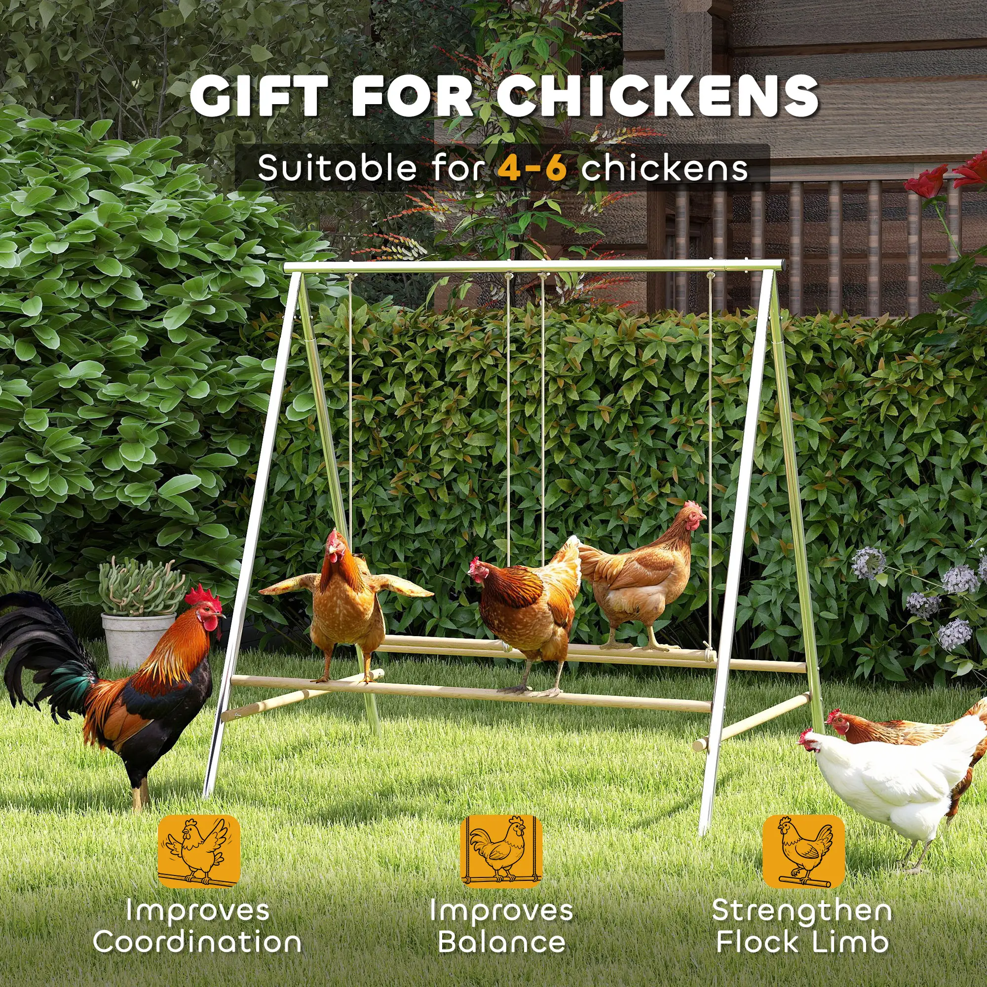 Freestanding Chicken Playground with 2 Adjustable Swings 4 Pine Wood Perches, Rust Proof Galvanized Steel Frame, Chicken Toy for 4-6 Chickens Yard Coop Run