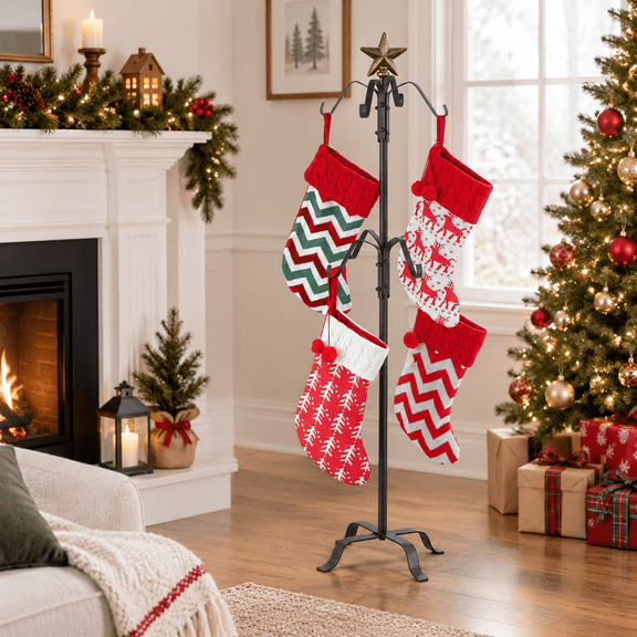 Freestanding Christmas Stocking Holder Stand, 53 Inch Tall Metal Rack with 8 Hooks