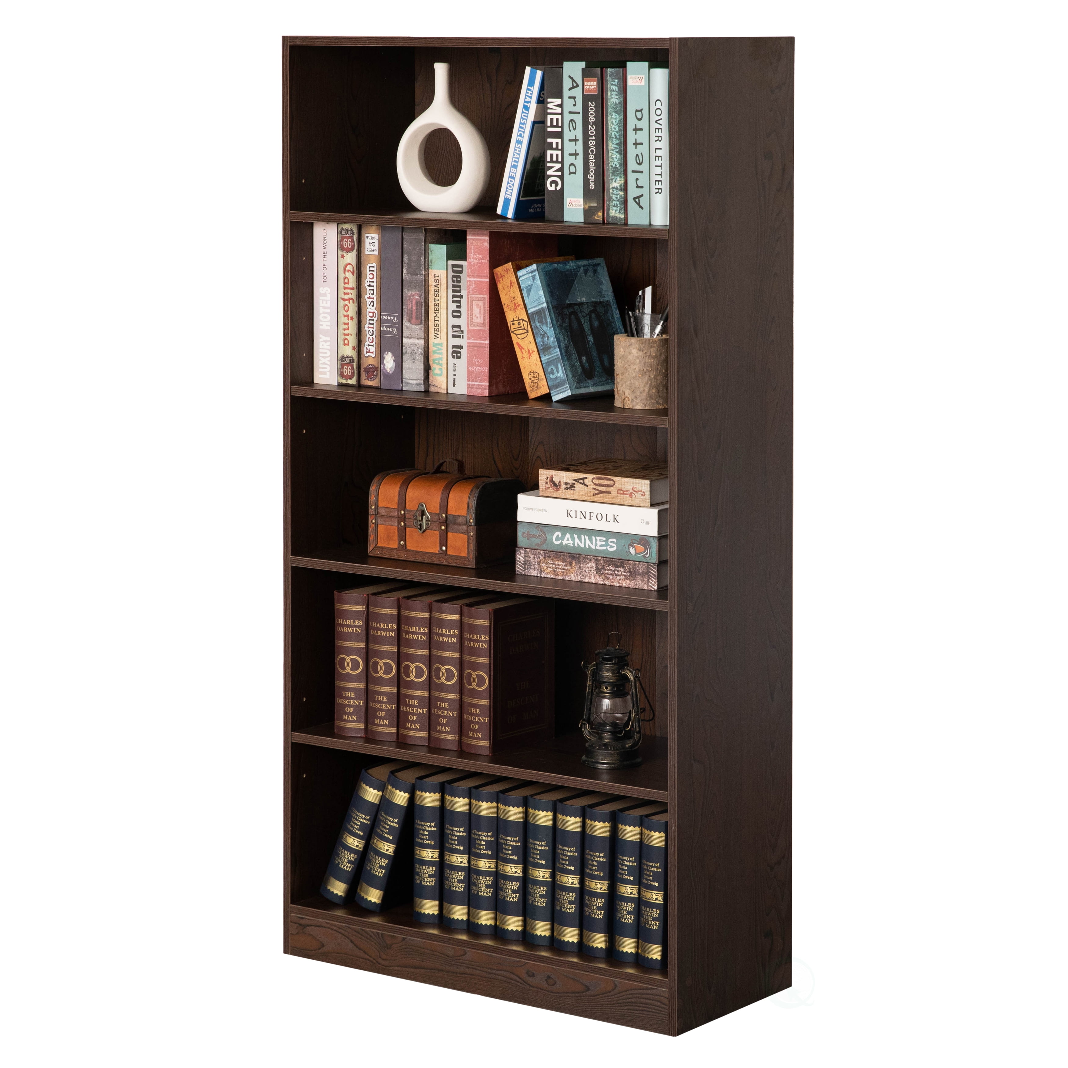 60" Tall Dark Brown Wooden Adjustable 5-Shelf Freestanding Bookcase