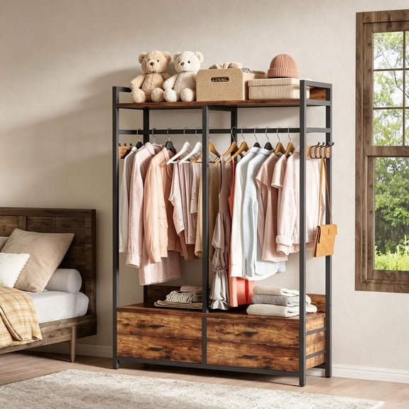 Freestanding Closet Organizer Industrial Garment Rack with Drawers Open Storage Shelves and Side Hooks for Bedroom Home Storage