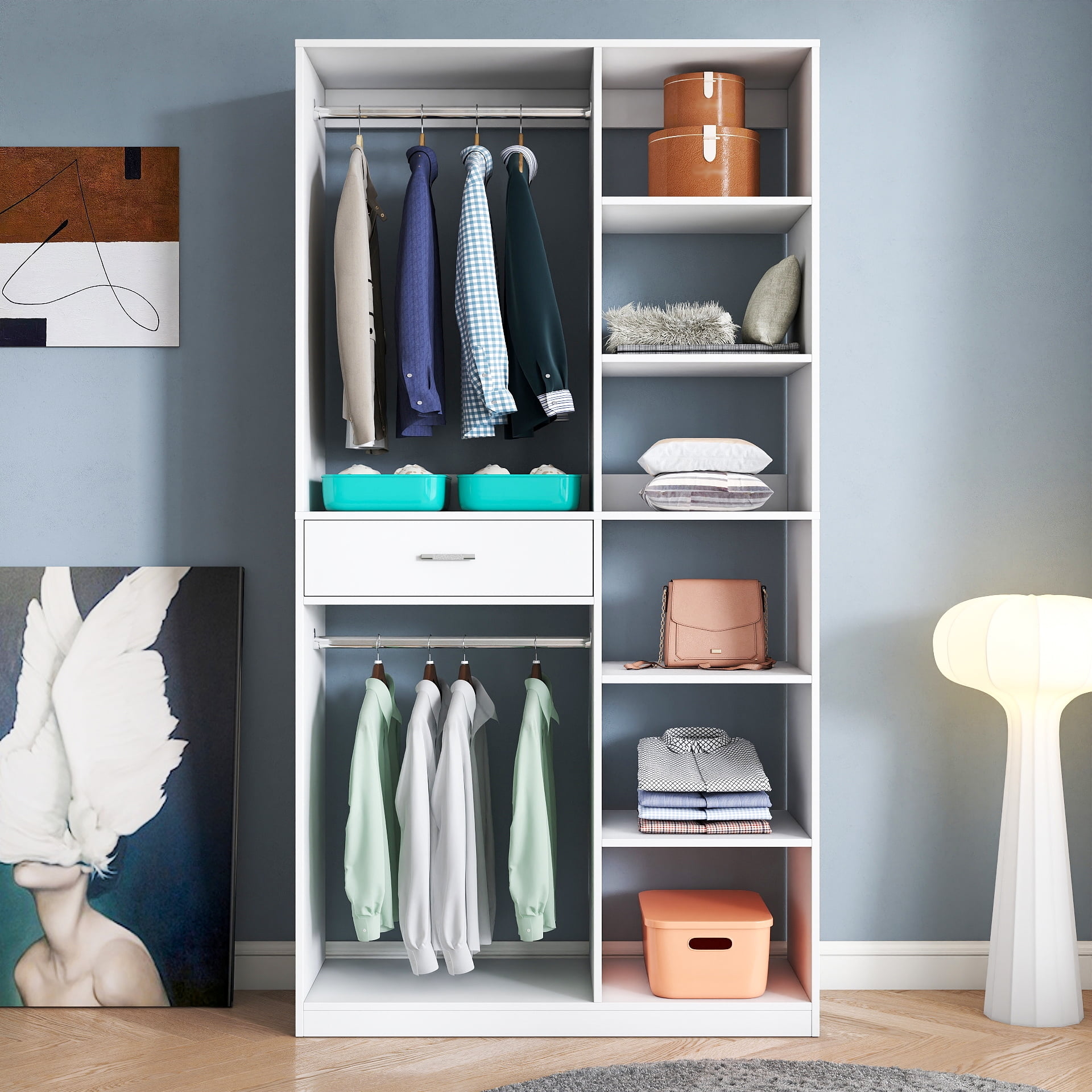 Freestanding Closet System Wardrobe with 6 Open Shelves 2 Hanging Rod 1 Drawer, White