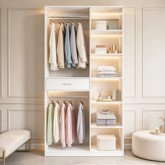 Freestanding Closet System Wardrobe with 6 Open Shelves 2 Hanging Rod 1 Drawer, White