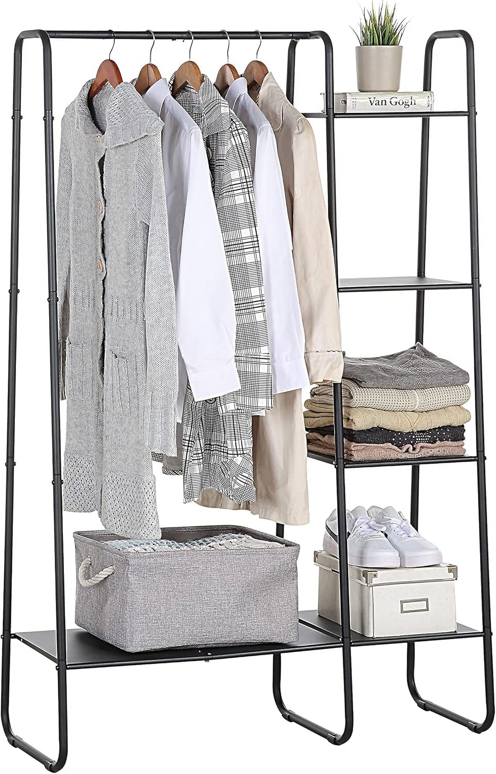 Freestanding Black Metal Garment Rack with Wooden Shelf