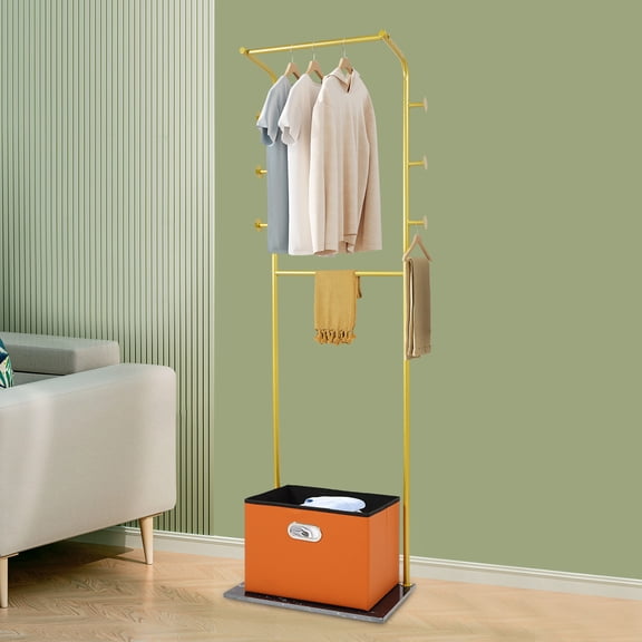Freestanding Clothes Rack, Clothing Rack with Storage Basket, Metal Clothes Rack (Gold, Orange)
