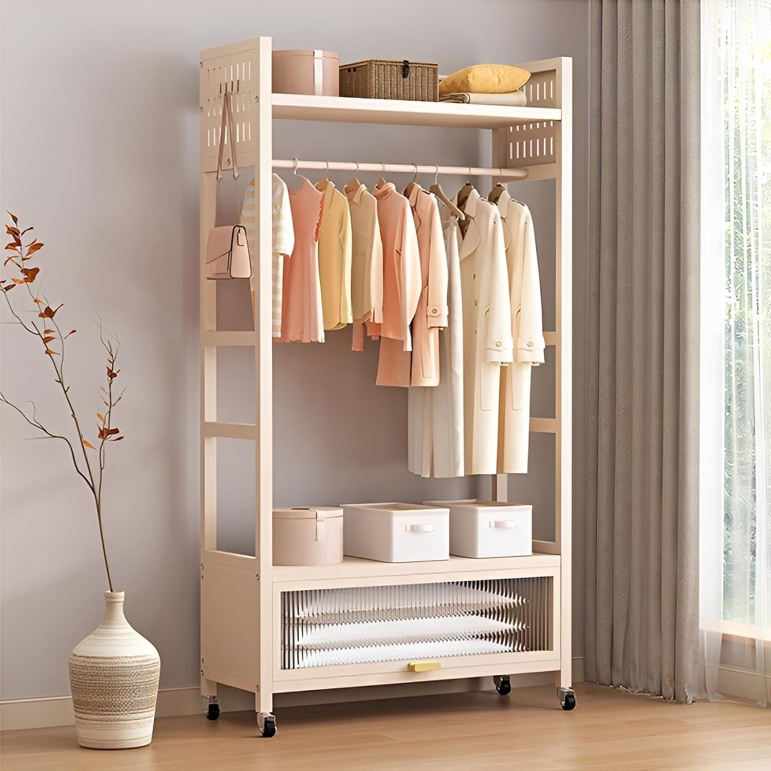 Store Rack Locakable Freestanding Clothes Rack with Storage Cabinet Sturdy Metal Garment ...