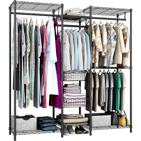 Freestanding  Clothes Rack, Wire Clothing Rack with  Rod,Adjustable Shelves & 2 Slid Fixed Baskets,60.7" L x 15.7" W x 70.5" H  Load 720LBS,Black.