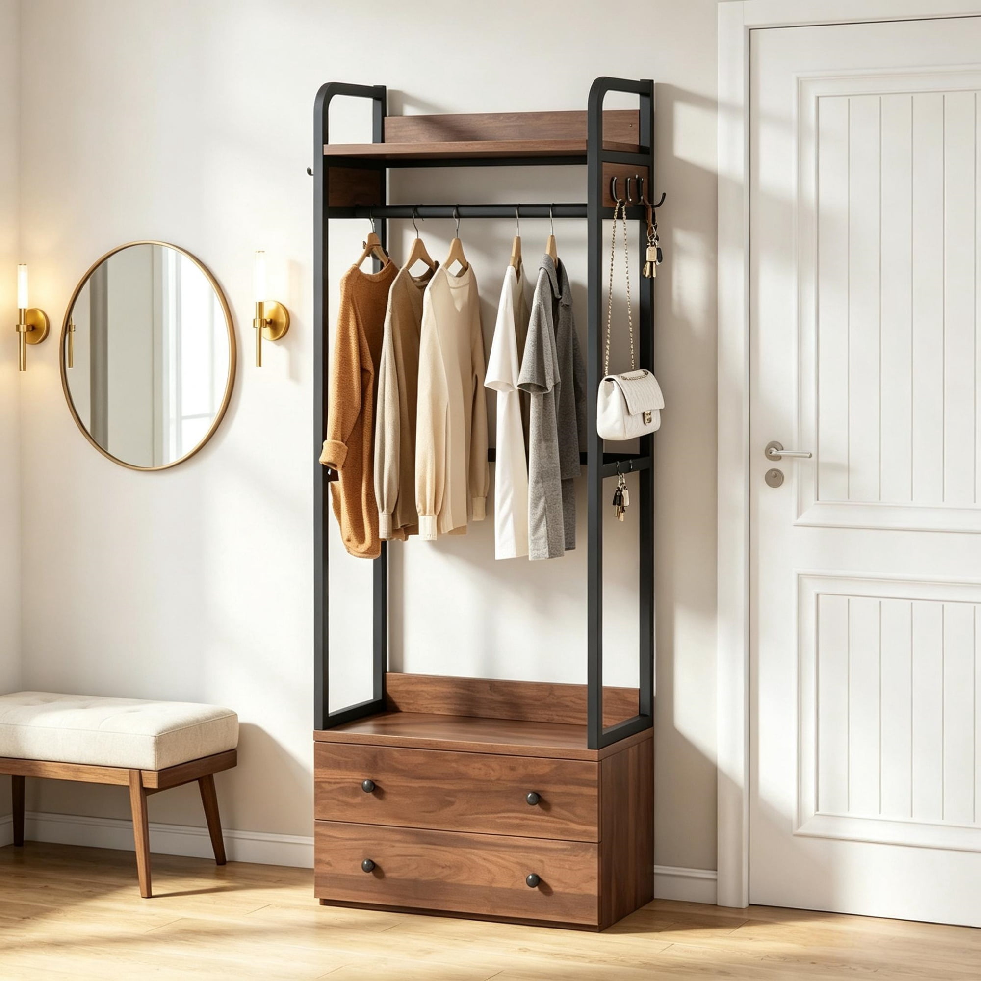 Freestanding Clothes Rack with 2 Drawers and 6 Hooks