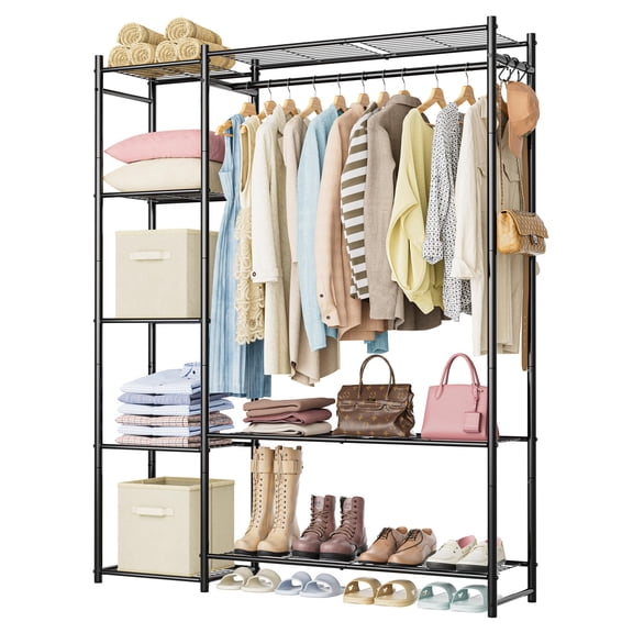 Freestanding Clothing Rack, Portable Wardrobe Closet with 4 Tier Shelves & Hanging Rods, Steel Frame Storage Organizer for Garments, Shoes & Home Use