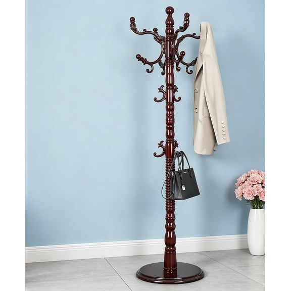 Freestanding Coat Rack with 14 Hooks, Vintage Wooden Coat Tree, Adjustable Height 73 Inches, Retro Coat Stand for Entryway, Living Room, Office & Bedroom, Mahogany, Walnut