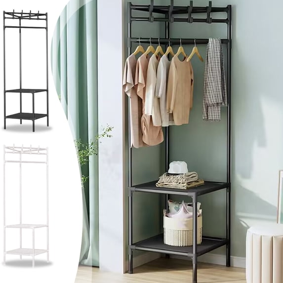 Freestanding Coat Rack Hall Tree with 2 Storage Shelves, Corner Closet Organizer for Entryway Bedroom, White, 66.9 in Tall