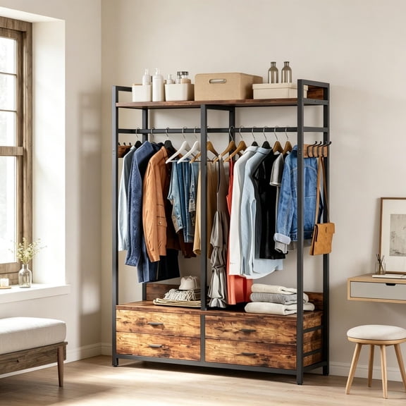 Freestanding Coat Rack, Industrial Garment Rack with Clothing Rod Shelves 4 Drawers and 8 Hooks Rustic Storage Organizer for Home Entryway