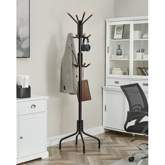 Freestanding Coat Rack - Metal Coat Rack Stand with 12 Hooks - Coffee Brown