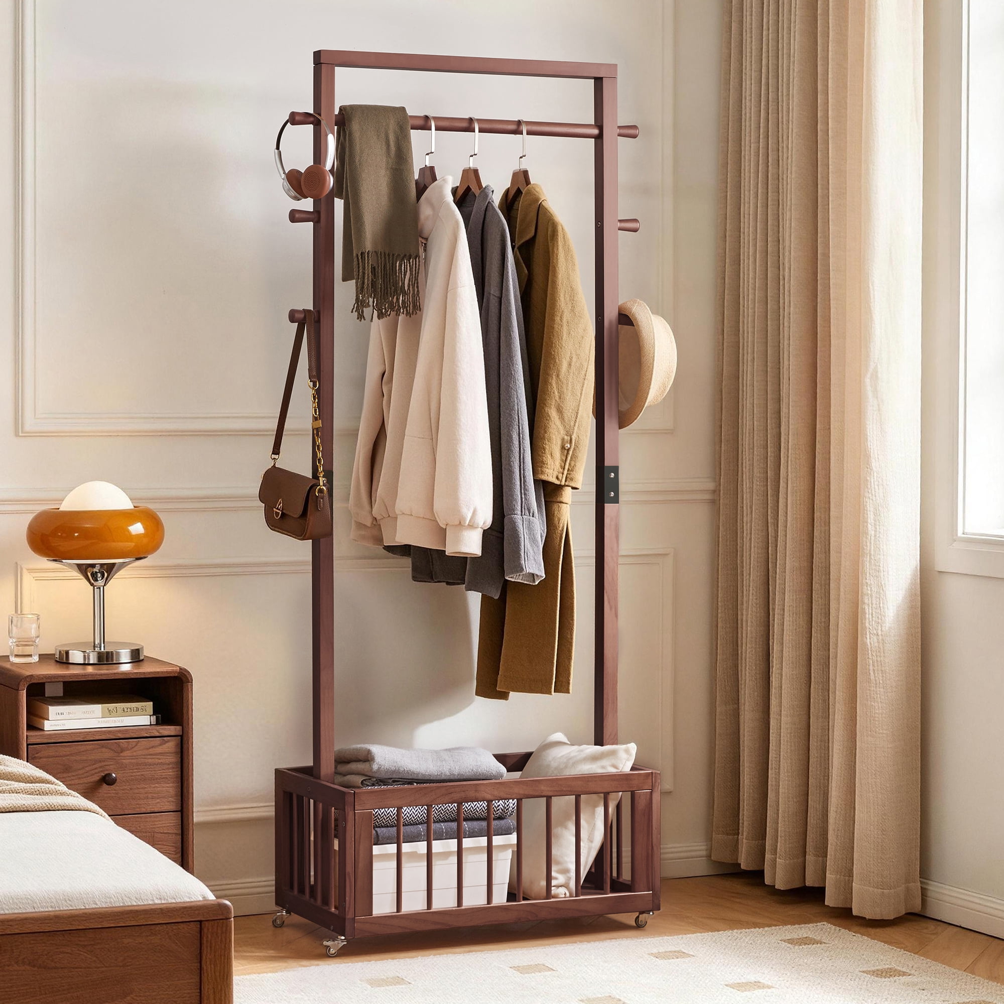 Freestanding Coat Rack with Rolling Wheels, Storage Basket and Side ...