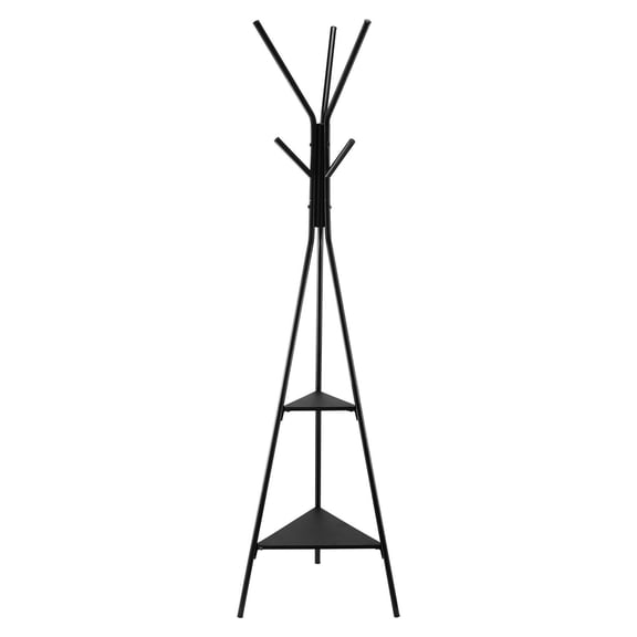 Freestanding Coat Rack Stand with 2 Shelves & 6 Hooks - Sturdy Entryway Hall Tree for Hats,Jackets,Bags, Shoes and Umbrellas, Organizer for Bedroom, Living Room, Hallway, Durable Metal Construction