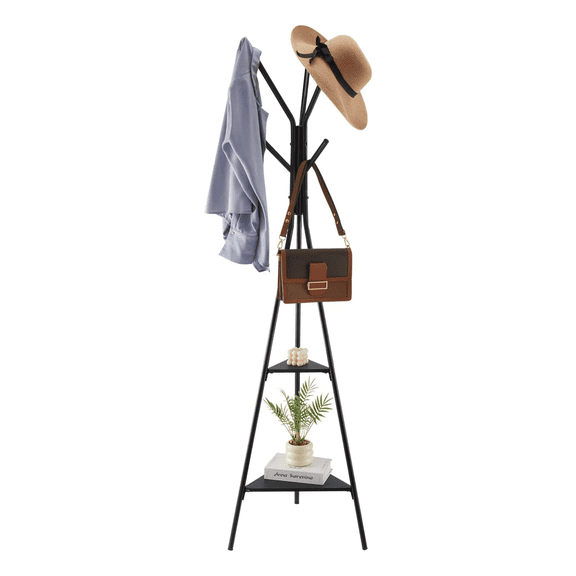 Freestanding Coat Rack Stand with 6 Hooks & 2 Shelves, Heavy Duty Carbon Steel Coat Tree for Entryway, Bedroom & Living Room, Modern Clothes Hanger Organizer