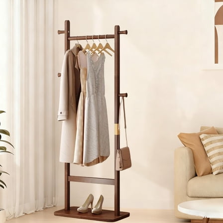 Freestanding Coat Rack Stand, Solid Wood Clothes Rack with Shoe Storage, 5 Hooks Heavy Duty Hall Tree for Hanging Clothes Wallets Hats