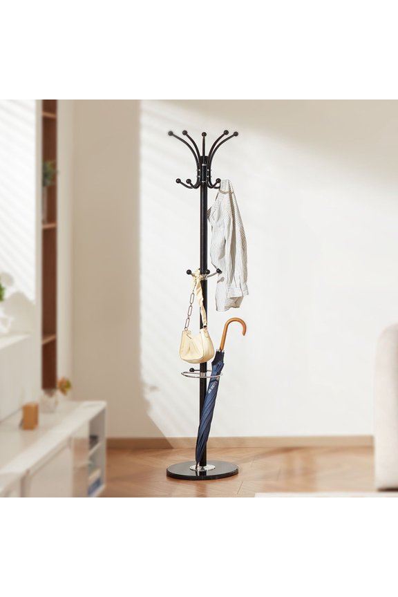 Freestanding Coat Rack with 14 Hooks, Sturdy Marble Base & Built-in Umbrella Holder - Space-Saving Storage for Entryway, Hallway, and Bedroom