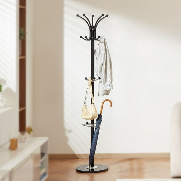 Freestanding Coat Rack with 14 Hooks, Sturdy Marble Base & Built-in Umbrella Holder - Space-Saving Storage for Entryway, Hallway, and Bedroom