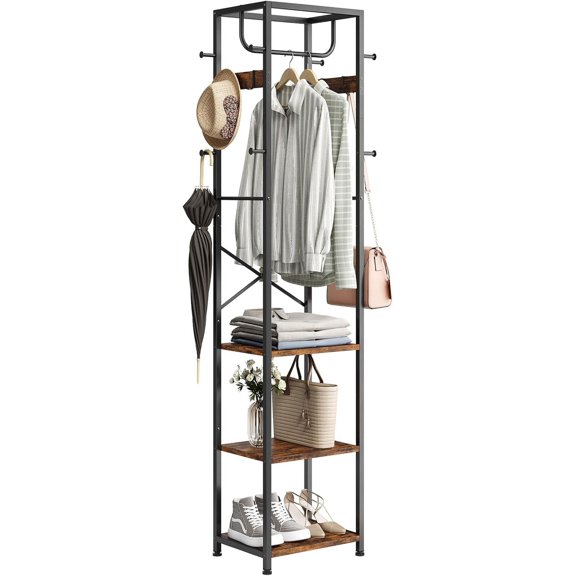 Freestanding Coat Rack with 3 Shelves and 12 Hooks Industrial Style Rustic Brown Bestseling
